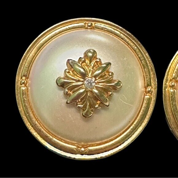 Vintage Gold-Tone Pearl Clip-On Earrings With Rhinestone Accent - Picture 2 of 4